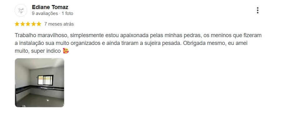 Avaliação Google — Ediane Tomaz: Trabalho maravilhoso, simplesmente estou apaixonada pelas minhas pedras.